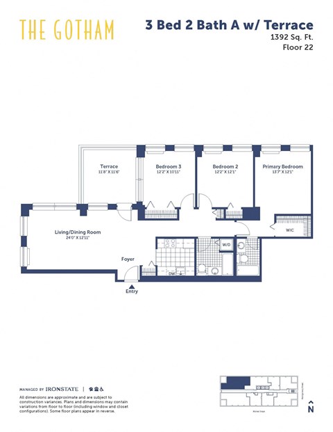Floor plan for 3 beds, 2 baths, 1392 sqft